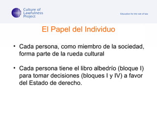 El Papel del Individuo Cada persona, como miembro de la sociedad, forma parte de la rueda cultural Cada persona tiene el libro albedrío (bloque I) para tomar decisiones (bloques I y IV) a favor del Estado de derecho. 