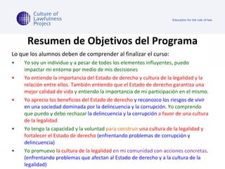Resumen de Objetivos del Programa Lo que los alumnos deben de comprender al finalizar el curso:  Yo soy un individuo y a pesar de todos los elementos influyentes, puedo impactar mi entorno por medio de mis decisiones Yo entiendo la importancia del Estado de derecho y cultura de la legalidad y la relación entre ellos. También entiendo que el Estado de derecho garantiza una mejor calidad de vida  y entiendo la importancia de mi participación en el mismo. Yo aprecio los beneficios del Estado de derecho   y reconozco los riesgos de vivir en una sociedad dominada por la delincuencia y la corrupción.   Yo comprendo que puedo y debo rechazar   la delincuencia y la corrupción   a favor de una cultura de la legalidad . Yo tengo la capacidad y la voluntad   para construir  una cultura de la legalidad y fortalecer el Estado de derecho   (enfrentando problemas de corrupción y delincuencia) Yo promuevo  la cultura de la legalidad  en mi comunidad con acciones concretas .  (enfrentando problemas que afectan al Estado de derecho y a la cultura de la legalidad) 