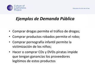 Ejemplos de  Demanda Pública Comprar drogas permite el tráfico de drogas; Comprar productos robados permite el robo; Comprar pornografía infantil permite la victimización de los niños;  Hacer o comprar CDs y DVDs piratas impide que tengan ganancias los proveedores legítimos de estos productos 