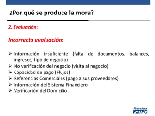 ¿Por qué se produce la mora?
2. Evaluación:
Incorrecta evaluación:
 Información insuficiente (falta de documentos, balances,
ingresos, tipo de negocio)
 No verificación del negocio (visita al negocio)
 Capacidad de pago (Flujos)
 Referencias Comerciales (pago a sus proveedores)
 Información del Sistema Financiero
 Verificación del Domicilio
 