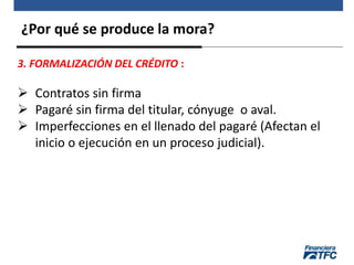 ¿Por qué se produce la mora?
3. FORMALIZACIÓN DEL CRÉDITO :
 Contratos sin firma
 Pagaré sin firma del titular, cónyuge o aval.
 Imperfecciones en el llenado del pagaré (Afectan el
inicio o ejecución en un proceso judicial).
 