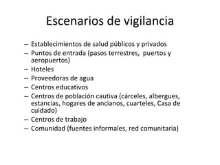 Escenarios de vigilancia Establecimientos de salud públicos y privados Puntos de entrada (pasos terrestres,  puertos y aeropuertos) Hoteles Proveedoras de agua  Centros educativos Centros de población cautiva (cárceles, albergues, estancias, hogares de ancianos, cuarteles, Casa de cuidado) Centros de trabajo Comunidad (fuentes informales, red comunitaria) 