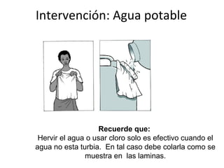 Recuerde que:  Hervir el agua o usar cloro solo es efectivo cuando el agua no esta turbia.  En tal caso debe colarla como se muestra en  las laminas. Intervención: Agua potable 