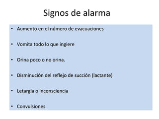 Aumento en el número de evacuaciones Vomita todo lo que ingiere Orina poco o no orina. Disminución del reflejo de succión (lactante) Letargia o inconsciencia Convulsiones Signos de alarma 