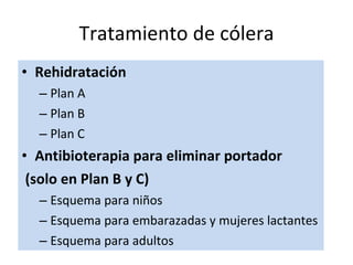Rehidratación  Plan A Plan B Plan C Antibioterapia para eliminar portador (solo en Plan B y C) Esquema para niños  Esquema para embarazadas y mujeres lactantes Esquema para adultos Tratamiento de cólera 