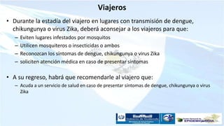 Viajeros
• Durante la estadía del viajero en lugares con transmisión de dengue,
chikungunya o virus Zika, deberá aconsejar a los viajeros para que:
– Eviten lugares infestados por mosquitos
– Utilicen mosquiteros o insecticidas o ambos
– Reconozcan los síntomas de dengue, chikungunya o virus Zika
– soliciten atención médica en caso de presentar síntomas
• A su regreso, habrá que recomendarle al viajero que:
– Acuda a un servicio de salud en caso de presentar síntomas de dengue, chikungunya o virus
Zika
 