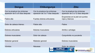Dengue Chikungunya Zika
Con la picadura los síntomas
aparecen de 5 a 8 días después
Con la picadura los síntomas
aparecen de 3 a 7 días después
Con la picadura los síntomas
aparecen de 3 a 12 días después
Fiebre alta Fuertes dolores articulares
Erupciones en la piel con puntos
rojos y blancos
Dolor de cabeza intenso Fiebre alta Fiebre
Dolores articulares Dolores musculares Artritis o artralgia
Dolores musculares Dolor de cabeza Conjuntivitis no purulenta
Malestar general Malestar general Dolores musculares
Vómitos Náuseas Dolor de cabeza
 
