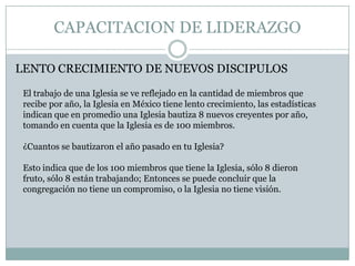 CAPACITACION DE LIDERAZGO
LENTO CRECIMIENTO DE NUEVOS DISCIPULOS
El trabajo de una Iglesia se ve reflejado en la cantidad de miembros que
recibe por año, la Iglesia en México tiene lento crecimiento, las estadísticas
indican que en promedio una Iglesia bautiza 8 nuevos creyentes por año,
tomando en cuenta que la Iglesia es de 100 miembros.
¿Cuantos se bautizaron el año pasado en tu Iglesia?
Esto indica que de los 100 miembros que tiene la Iglesia, sólo 8 dieron
fruto, sólo 8 están trabajando; Entonces se puede concluir que la
congregación no tiene un compromiso, o la Iglesia no tiene visión.

 
