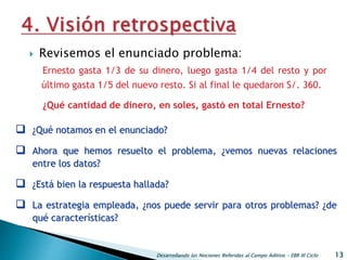  Revisemos el enunciado problema:
Desarrollando las Nociones Referidas al Campo Aditivo - EBR III Ciclo 13
 ¿Qué notamos en el enunciado?
 Ahora que hemos resuelto el problema, ¿vemos nuevas relaciones
entre los datos?
 ¿Está bien la respuesta hallada?
 La estrategia empleada, ¿nos puede servir para otros problemas? ¿de
qué características?
Ernesto gasta 1/3 de su dinero, luego gasta 1/4 del resto y por
último gasta 1/5 del nuevo resto. Si al final le quedaron S/. 360.
¿Qué cantidad de dinero, en soles, gastó en total Ernesto?
 