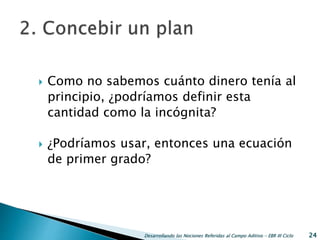  Como no sabemos cuánto dinero tenía al
principio, ¿podríamos definir esta
cantidad como la incógnita?
 ¿Podríamos usar, entonces una ecuación
de primer grado?
Desarrollando las Nociones Referidas al Campo Aditivo - EBR III Ciclo 24
 