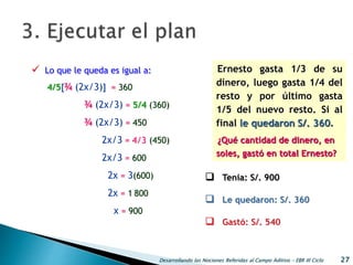 Desarrollando las Nociones Referidas al Campo Aditivo - EBR III Ciclo 27
Ernesto gasta 1/3 de su
dinero, luego gasta 1/4 del
resto y por último gasta
1/5 del nuevo resto. Si al
final le quedaron S/. 360.
 Lo que le queda es igual a:
4/5[¾ (2x/3)] = 360
¾ (2x/3) = 5/4 (360)
¾ (2x/3) = 450
2x/3 = 4/3 (450)
2x/3 = 600
2x = 3(600)
2x = 1 800
x = 900
¿Qué cantidad de dinero, en
soles, gastó en total Ernesto?
 Tenia: S/. 900
 Le quedaron: S/. 360
 Gastó: S/. 540
 
