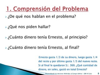  ¿De qué nos hablan en el problema?
 ¿Qué nos piden hallar?
 ¿Cuánto dinero tenía Ernesto, al principio?
 ¿Cuánto dinero tenía Ernesto, al final?
Desarrollando las Nociones Referidas al Campo Aditivo - EBR III Ciclo 8
Ernesto gasta 1/3 de su dinero, luego gasta 1/4
del resto y por último gasta 1/5 del nuevo resto.
Si al final le quedaron S/. 360. ¿Qué cantidad de
dinero, en soles, gastó en total Ernesto?
 
