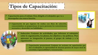 Tipos de Capacitación:
 Capacitación de pre ingreso: Se realiza con fines de selección,
concentrándose en proporcionar al nuevo personal, los conocimientos
necesarios y desarrollar sus habilidades.
 Capacitación para el trabajo: Esta dirigida al trabajador que va a
desempeñar una nueva función.
 Inducción: Conjunto de actividades, que informan al trabajador
sobre la organización, los planes, los objetivos y las políticas. Para
apresurar su integración al puesto, al grupo de trabajo y a la
organización.
 Capacitación promocional: Conjunto de acciones de capacitación que
dan al trabajador, la oportunidad de alcanzar puestos de mayor nivel de
autoridad, responsabilidad y remuneración.
 