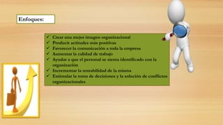  Crear una mejor imagen organizacional
 Producir actitudes más positivas
 Favorecer la comunicación a toda la empresa
 Aumentar la calidad de trabajo
 Ayudar a que el personal se sienta identificado con la
organización
 Incrementar la rentabilidad de la misma
 Estimular la toma de decisiones y la solución de conflictos
organizacionales
Enfoques:
 