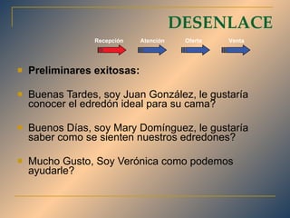 DESENLACE Preliminares exitosas: Buenas Tardes, soy Juan González, le gustaría conocer el edredón ideal para su cama? Buenos Días, soy Mary Domínguez, le gustaría saber como se sienten nuestros edredones? Mucho Gusto, Soy Verónica como podemos ayudarle? Recepción Atención Oferta Venta 