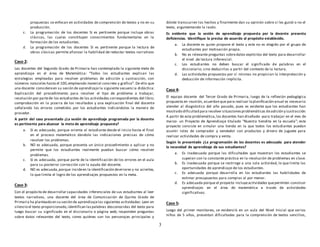 3
propuestas se enfocan en actividades de comprensión de textos y no en su
producción.
c. La programación de los docentes Sí es pertinente porque incluye obras
clásicas, las cuales constituyen conocimientos fundamentales en la
formación de los estudiantes.
d. La programación de los docentes Sí es pertinente porque la lectura de
obras clásicas permite afianzar la habilidad de redactar textos narrativos
Caso 2:
Las docentes del Segundo Grado de Primaria han contemplado la siguiente meta de
aprendizaje en el área de Matemática: “Todos los estudiantes explican las
estrategias empleadas para resolver problemas de adicción y sustracción, con
números naturales hasta el 100,empleando material concreto y gráfico”. De ello que
una docente considereen su sesión de aprendizaje la siguiente secuencia didáctica:
Explicación del procedimiento para resolver el tipo de problema a trabajar,
resolución por partede los estudiantes de las actividades correspondientes del libro;
comprobación en la pizarra de los resultados y una explicación final del docente
señalando los errores cometidos por los estudiantes indicándoles la manera de
proceder.
A partir del caso presentado ¿La sesión de aprendizaje programada por la docente
es pertinente para alcanzar la meta de aprendizaje propuesta?
a. Sí es adecuada, porque orienta al estudiante desde el inicio hasta el final
en el proceso matemático dándole las indicaciones precisas de cómo
resolver los problemas.
b. NO es adecuada, porque presenta un único procedimiento a aplicar y no
permite que los estudiantes realmente puedan buscar cómo resolver
problemas.
c. Sí es adecuada, porque parte de la identificación de los errores en el aula
para su posterior corrección con la ayuda del docente.
d. NO es adecuada,porque incideen la identificación deerrores y no aciertos,
lo que limita el logro de los aprendizajes propuestos en la meta.
Caso 3:
Con el propósito de desarrollar capacidades inferenciales de sus estudiantes al leer
textos narrativos, una docente del área de Comunicación de Quinto Grado de
Primaria ha planteado en su sesión de aprendizajelas siguientes actividades: Leen en
silencio el texto proporcionado,identifican laspalabras desconocidas del texto para
luego buscar su significado en el diccionario o página web; responden preguntas
sobre datos relevantes del texto, como quiénes son los personajes principales y
dónde transcurren los hechos y finalmente dan su opinión sobre si les gustó o no el
texto, argumentando la razón.
Es evidente que la sesión de aprendizaje propuesta por la docente presenta
deficiencias. Identifique la precisa de acuerdo al propósito establecido.
a. La docente es quien propone el texto y este no es elegido por el grupo de
estudiantes por motivación propia.
b. No es relevante preguntas sobredatos explícitos del texto para desarrollar
el nivel .de lectura inferencial.
c. Los estudiantes no deben buscar el significado de palabras en el
diccionario, sino deducirlas a partir del contexto de la lectura.
d. Las actividades propuestas por sí mismas no propician la interpretación y
deducción de información implícita.
Caso 4:
El equipo docente del Tercer Grado de Primaria, luego de la reflexión pedagógica
propuesta en reunión, acuerdan que para realizar laplanificación anual es necesario
atender al diagnóstico del año pasado, pues es evidente que los estudiantes han
mostrado dificultad para resolver situacionesproblemáticas deadición y sustracción.
A partir de esta problemática,los docentes han diseñado -para trabajar en el mes de
marzo- un Proyecto de Aprendizaje titulado “Nuestra tiendita en la escuela”; este
proyecto consiste en simular una tienda en la que todos los estudiantes puedan
asumir roles de comprador y vendedor con productos y dinero de juguete para
realizar actividades de compra y venta.
Según lo presentado ¿La programación de los docentes es adecuada para atender
la necesidad de aprendizaje de sus estudiantes?
a. Es inadecuada porque las dificultades que muestran los estudiantes se
superan con la constante práctica en la resolución de problemas en clase.
b. Es inadecuada porque se restringe a una sola actividad, lo que limita las
oportunidades de aprendizaje de los estudiantes.
c. Es adecuada porque desarrolla en los estudiantes las habilidades de
estimar presupuestos para compras al por menor.
d. Es adecuada porque el proyecto incluyeactividades quepermiten construir
aprendizajes en el área de matemática a través de actividades
significativas.
Caso 5:
Luego del primer monitoreo, se evidenció en un aula del Nivel Inicial que varios
niños de 5 años, presentan dificultades para la comprensión de textos sencillos,
 
