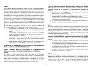 6
Caso 11:
Una directora ingresa a monitorear el aula de inicial de 5 años y observa que la
docente se encuentra en asamblea con sus estudiantes dialogando sobre algo que
los tiene inquietos. Se han enterado que el día de ayer a uno de los niños se le ha
perdido su perrito y por ello está muy triste. La docente, después de conversar con
ellos, les propone elaborar un afiche para encontrarlo. La docente planifica la
actividad con los estudiantes,los organiza,les recuerda las normas departicipación y
el propósito de escritura.A través de preguntas, los motiva a expresar sus ideas y va
escribiendo en la pizarra lo quedictan los estudiantes. Relee el afichecon los niños y
los invita a corregirlo y mejorarlo. Entre todos ayudan a describir al perrito perdido
para hacer un dibujo para poner en el afiche. Al día siguiente, la docente les trae
impresa la versión final fotocopiada para pegarla en diferentes zonas del colegio y
del barrio.
A partir del caso presentado, tomando en cuenta el enfoque del área de
Comunicación ¿La actividad programada por la docente es coherente?
a. La actividad NO es coherente ya que los estudiantes de esta edad aún no
escriben, solo expresan sus ideas de manera oral, y quien escribe es la
docente.
b. La actividad NO es coherente porque los niños no están en capacidad de
corregir sus textos, puesto que aún no son escritores con experiencia y
quien debe hacerlo es la docente.
c. La actividad SÍ es coherente porque parte de una situación real de
comunicación y permite que los estudiantes produzcan textos completos
con ayuda de un modelo de escritura.
d. La actividad SÍ es coherente porque los niños, que aún no saben escribir,
pueden colaborar al menos dando sus ideas y así estar motivados.
DOMINIO N° 02: ORIENTACIÓN DE LOS PROCESOS PEDAGÓGICOS
PARA LA MEJORA DE LOS APRENDIZAJES.
TEMA: CRITERIOS PARA EL MONITOREO Y ACOMPAÑAMIENTO
PEDAGÓGICO, ENFATIZANDO EN LOGROS DE APRENDIZAJE.
Caso 1:
Al finalizar el primer trimestre del año escolar, el Director de una Institución
Educativa, junto con la docente del tercer grado de primaria, ha identificado que la
meta “Escribe textos diversos de temas variados de su interés, con estructura
textual simple” del área de Comunicación no ha sido lograda por un número
significativo de sus estudiantes. La Institución Educativa se ha propuesto que en el
próximo periodo escolar los estudiantes fortalezcan dicha capacidad.
A partir de lo descrito, ¿qué fuente de información es la más pertinente para que
el Director valore los avances de los estudiantes de la docente y la pueda ayudar a
monitorear el avance de sus estudiantes en el desarrollo de las habilidades de
escritura?
a. Los informes técnico-pedagógicos de la docente sobre los avances de los
estudiantes en la producción de textos.
b. Los textos producidos por los estudiantes durante las sesiones de
aprendizaje y las rúbricas de evaluación que utiliza la docente.
c. Las programaciones curriculares dela docente referidas al desarrollo delas
habilidades de producción de textos.
d. La observación del registro auxiliar de la docente correspondiente a las
sesiones en las que se trabaje la producción de textos.
Caso 2:
Al culminar el segundo trimestre del año escolar,la Directora identifica, junto con el
docente de segundo grado de primaria, que el indicador del área de Matemática
“Describe secuencias numéricas ascendentes y descendentes de 2 en 2, de 5 en 5 y
de 10 en 10, con números naturales hasta 100” no ha sido logrado por un número
significativo de estudiantes. Frente a ello, la institución se propone fortalecer este
aprendizaje en el siguiente periodo escolar.
A partir de lo descrito, ¿qué fuente de información es la más pertinente para que
la Directora valore los avances de los estudiantes del docente y lo pueda ayudar a
monitorear el avance de sus estudiantes en el desarrollo de las habilidades
descritas?
a. Los informes técnico-pedagógicos del docente sobre los avances de los
estudiantes en relación a las secuencias numéricas.
b. Los cuadernos de trabajo con las actividades relacionadas con secuencias
numéricas desarrolladas por los estudiantes.
c. Los registros de calificaciones de los docentes en el área de Matemática en
relación a las secuencias numéricas.
d. Las programaciones curriculares de los docentes en el área de Matemática
en relación a las secuencias numéricas.
Caso 3:
Al término del segundo trimestre, el Director revisa los informes técnico-
pedagógicos de tercer año de secundaria y observa que el docente del área de
Comunicación manifiesta que los estudiantes no están comprendiendo la
información central de los textos y no logran identificar su propósito. Luego de
conversar con el docente sobre el problema que ha detectado en sus estudiantes,
 