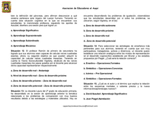 Asociacion de Educadores el Auqui
capacitaciondocenteune@hotmail.com
bien la definición del páncreas, pero afirman desconocer a qué
sistema pertenece este órgano del cuerpo humano. Teniendo en
cuenta esta situación cognitiva en la que se encuentran sus
estudiantes, la mencionada profesora, siguiendo los aportes de
Ausubel, diseñara una sesión para que logren un:
a. Aprendizaje Significativo
b. Aprendizaje Supraordenado
c. Aprendizaje Subordinado
d. Aprendizaje Mecánico
Situación 12. El profesor Ramón de primero de secundaria ha
logrado que sus alumnos sean capaces de calcular raíces cuadradas
exactas, ahora, su segundo objetivo es que puedan adquirir la
capacidad de calcular raíces cuadradas inexactas. Teniendo en
cuenta la Teoría Socioculturalde Vigotsky, elcálculo de las raíces
cuadradas inexactasy los pasos guiados por el docente para alcanzar
dicha capacidad representarían respectivamente:
a. Zona de desarrollo real – Andamiaje
b. Nivel de desarrollo real – Zona de desarrollo próximo
c. Zona de desarrollo próximo – Zona de desarrollo real
d. Zona de desarrollo potencial – Zona de desarrollo próximo
Situación 13. La docente Laura del 2º grado de educación primaria,
ha desarrollado en la sesión de aprendizaje anterior la temática
relacionada a los problemas de comparación con muy buenos
resultados debido a las estrategias y materiales utilizados. Hoy se
encuentra desarrollando los problemas de igualación, observádose
que los estudiantes desarrollan por si solos los problemas, se
ubicarían, según Vigotsky, en el (la):
a. Zona de desarrollo autónomo
b. Zona de desarrollo próximo
c. Zona de desarrollo real
d.. Zona de desarrollo potencial
Situación 14. Para seleccionar las estrategias de enseñanza más
pertinentes para sus alumnos, teniendo en cuenta que son muy
participativos, trabajadores, activos y dinámicos; un docente quiere
establecer una relación analógica entre los modos de representación
en el desarrollo cognoscitivo establecido por Bruner y los estadios
propuestos por Piaget. ¿Cuál sería la relación correcta?:
a. Enactivo – Operaciones Formales
b. Simbólico – Operaciones Concretas
c. Icónico – Pre Operacional
d. Simbólico – Operaciones Formales
Situación 15. ¿Cuál es el autor y el término que explica la relación
entre los esquemas mentales o saberes previos y la nueva
informaciónoaprendizajes nuevos?:
a. David Ausubel- Aprendizaje Significativo
b. Jean Piaget-Asimilación
 