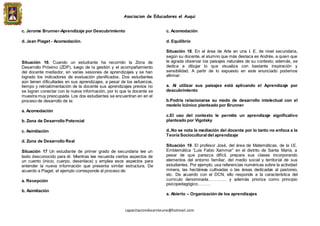 Asociacion de Educadores el Auqui
capacitaciondocenteune@hotmail.com
c. Jerome Brunner-Aprendizaje por Descubrimiento
d. Jean Piaget - Acomodación.
Situación 16. Cuando un estudiante ha recorrido la Zona de
Desarrollo Próximo (ZDP), luego de la gestión y el acompañamiento
del docente mediador, en varias sesiones de aprendizajes y se han
logrado los indicadores de evaluación planificados. Dos estudiantes
aún tienen dificultades en sus aprendizajes, a pesar de los esfuerzos,
tiempo y retroalimentación de la docente sus aprendizajes previos no
se logran conectar con la nueva información, por lo que la docente se
muestra muy preocupada. Los dos estudiantes se encuentran en en el
proceso de desarrollo de la:
a. Acomodación
b. Zona de Desarrollo Potencial
c. Asimilación
d. Zona de Desarrollo Real
Situación 17 Un estudiante de primer grado de secundaria lee un
texto desconocido para él. Mientras lee recuerda ciertos aspectos de
un cuento (inicio, cuerpo, desenlace) y emplea esos aspectos para
entender la nueva información que presenta similar estructura. De
acuerdo a Piaget, el ejemplo corresponde al proceso de:
a. Recepción
b. Asimilación
c. Acomodación
d. Equilibrio
Situación 18. En el área de Arte en una I. E. de nivel secundaria,
según su docente, el alumno que más destaca es Andrés, a quien que
le agrada observar los paisajes naturales de su contexto; además, se
dedica a dibujar lo que visualiza con bastante inspiración y
sensibilidad. A partir de lo expuesto en este enunciado podemos
afirmar:
a. Al utilizar sus paisajes está aplicando el Aprendizaje por
descubrimiento
b.Podría relacionarse su modo de desarrollo intelectual con el
modelo Icónico planteado por Brunner
c.El uso del contexto le permite un aprendizaje significativo
planteado por Vigotsky
d..No se nota la mediación del docente por lo tanto no enfoca a la
Teoría Sociocultural del aprendizaje
Situación 19. El profesor José, del área de Matemáticas, de la I.E.
Emblemática “Luis Fabio Xammar” en el distrito de Santa María, a
pesar de que parezca difícil, prepara sus clases incorporando
elementos del entorno familiar, del medio social y territorial de sus
estudiantes. Por ejemplo, usa referencias numéricas sobre la actividad
minera, las hectáreas cultivadas o las áreas dedicadas al pastoreo,
etc. De acuerdo con el DCN, ello responde a la característica del
currículo denominada…………. y además prioriza como principio
psicopedagógico………
a. Abierto – Organización de los aprendizajes
 