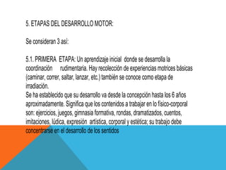5. ETAPAS DEL DESARROLLO MOTOR:

Se consideran 3 así:

5.1. PRIMERA ETAPA: Un aprendizaje inicial donde se desarrolla la
coordinación rudimentaria. Hay recolección de experiencias motrices básicas
(caminar, correr, saltar, lanzar, etc.) también se conoce como etapa de
irradiación.
Se ha establecido que su desarrollo va desde la concepción hasta los 6 años
aproximadamente. Significa que los contenidos a trabajar en lo físico-corporal
son: ejercicios, juegos, gimnasia formativa, rondas, dramatizados, cuentos,
imitaciones, lúdica, expresión artística, corporal y estética; su trabajo debe
concentrarse en el desarrollo de los sentidos
 