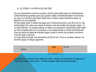 A. EL FOSO Y LA PISTA DE SALTOS

Es muy importante construir la pista y el foso para salto largo con dimensiones
suficientemente grandes para que puedan saltar simultáneamente 4-6 alumnos
ya que si un alumno solo logra saltar tres o cuatro veces durante la clase, el
ejercicio no es suficiente.
El foso debe tener 6 metros de largo por 6 metros de ancho y de 30 a 45 cm. De
profundidad. Se cubre con arena al mismo nivel de la tabla de impulso (viga) . A
un lado del foso se puede colocar un listón con escala en centímetros para medir
en forma rápida pero no muy exacta. A una distancia de un metro del borde del
foso se coloca la tabla de impulso (viga) a todo lo ancho de la pista y al mismo
nivel de esta y del foso.
La viga debe de tener una dimensión de 20 cm por 10 cm y se debe colocar en
la tierra según el dibujo siguiente:


                                          Viga               10 cm
       Tierra

                                      I-----20 cm--------I

La pista que va hacia el foso debe ser más o menos de 30 metros de largo por 5
metros de ancho, para que 4 - 6 niños puedan saltar simultáneamente.
 