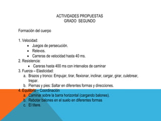 ACTIVIDADES PROPUESTAS
                               GRADO SEGUNDO

Formación del cuerpo

1. Velocidad:
          Juegos de persecución.
          Relevos.
          Carreras de velocidad hasta 40 ms.
2. Resistencia:
           Careras hasta 400 ms con intervalos de caminar
3. Fuerza – Elasticidad:
    a. Brazos y tronco: Empujar, tirar, flexionar, inclinar, cargar, girar, culebrear,
       trepar.
    b. Piernas y pies: Saltar en diferentes formas y direcciones.
4. Equilibrio – Coordinación
    a. Caminar sobre la barra horizontal (cargando balones).
    b. Rebotar balones en el suelo en diferentes formas
    c. El títere.
 
