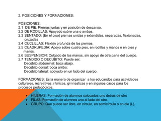 2. POSICIONES Y FORMACIONES:

POSICIONES:
2.1 DE PIE: Piernas juntas y en posición de descanso.
2.2 DE RODILLAS: Apoyado sobre una o ambas.
2.3 SENTADO: (En el piso) piernas unidas y extendidas, separadas, flexionadas,
    cruzadas
2.4 CUCLILLAS: Flexión profunda de las piernas.
2.5 CUADRUPEDIA: Apoyo sobre cuatro pies, en rodillas y manos o en pies y
   manos.
2.6 SUSPENSION: Colgado de las manos, sin apoyo de otra parte del cuerpo.
2.7 TENDIDO O DECUBITO: Puede ser;
    Decúbito abdominal: boca abajo.
    Decúbito dorsal: boca arriba;
    Decúbito lateral: apoyado en un lado del cuerpo.

FORMACIONES: Es la manera de organizar a los educandos para actividades
culturales, recreativas, rítmicas, gimnasticas y en algunos casos para los
procesos pedagógicos.

        HILERAS: Formación de alumnos colocados uno detrás de otro
        FILAS: Formación de alumnos uno al lado del otro.
        GRUPO: Que puede ser libre, en círculo, en semicírculo o en ele (L).
 
