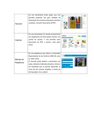 Flipsnack
Es una herramienta online gratis, que nos
permites presentar una gran cantidad de
información de una forma más grata y atractiva
a publicar, convertir documento de PDF.
Calaméo
Es una herramienta 2.0 donde primeramente
nos registramos de forma gratis creando una
cuenta de usuario. Y nos permites subir
documento de PDF y archivo, crear texto
online
Manejo de
Plataforma
Es una plataforma que utiliza la universidad
Especializada de las América UDELAS, para
su clase virtual.
El docente podrá diseñar y administrar sus
aulas, utilizando materiales educativo; ofrece a
los estudiante que le permite desarrollar lo
curso de una manera amigable, a través de
chat grupales, foro, publicar
 