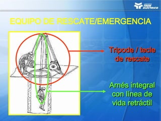 EQUIPO DE RESCATE/EMERGENCIA
Tripode / tecle
Tripode / tecle
de rescate
de rescate
Arnés integral
Arnés integral
con línea de
con línea de
vida retráctil
vida retráctil
 