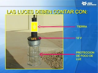 12 V
PROTECCION
DE FOCO DE
LUZ
LAS LUCES DEBEN CONTAR CON
LAS LUCES DEBEN CONTAR CON:
:
12 V
TIERRA
 