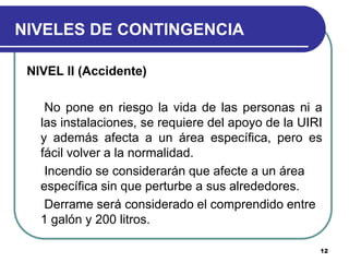 NIVELES DE CONTINGENCIA
NIVEL II (Accidente)
No pone en riesgo la vida de las personas ni a
las instalaciones, se requiere...
