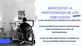 A) QUE LOS EMPLEADOS CONFÍEN EN LOS DIRECTIVOS
B) QUE LOS EMPLEADOS TENGAN CAPACIDAD PARA
TOMAR DECISIONES EN SU NIVEL DE
RESPONSABILIDAD
C) QUE LOS EMPLEADOS TENGAN LA CREENCIA DE
QUE SUS OPINIONES SERÁN ESCUCHADAS
BÁSICOS DE LA
PARTICIPACIÓN DE LOS
EMPLEADOS
 