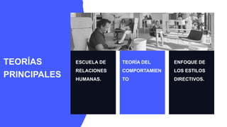 ESCUELA DE
RELACIONES
HUMANAS.
TEORÍA DEL
COMPORTAMIEN
TO
ENFOQUE DE
LOS ESTILOS
DIRECTIVOS.
TEORÍAS
PRINCIPALES
 