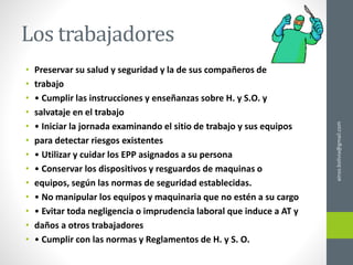 Los trabajadores
• Preservar su salud y seguridad y la de sus compañeros de
• trabajo
• • Cumplir las instrucciones y enseñanzas sobre H. y S.O. y
• salvataje en el trabajo
• • Iniciar la jornada examinando el sitio de trabajo y sus equipos
• para detectar riesgos existentes
• • Utilizar y cuidar los EPP asignados a su persona
• • Conservar los dispositivos y resguardos de maquinas o
• equipos, según las normas de seguridad establecidas.
• • No manipular los equipos y maquinaria que no estén a su cargo
• • Evitar toda negligencia o imprudencia laboral que induce a AT y
• daños a otros trabajadores
• • Cumplir con las normas y Reglamentos de H. y S. O.
ainso.bolivia@gmail.com
 