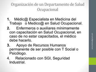 1. Médic@ Especialista en Medicina del
Trabajo o Medico@ en Salud Ocupacional.
2. Enfermeros o auxiliares mínimamente
con capacitación en Salud Ocupacional, en
caso de no estar capacitados, el médico
debe hacerlo.
3. Apoyo de Recursos Humanos
permanente de ser posible con T Social o
Psicólogo.
4. Relacionado con SGI, Seguridad
Industrial.
ainso.bolivia@gmail.com
 