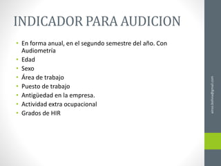ainso.bolivia@gmail.com
INDICADOR PARA AUDICION
• En forma anual, en el segundo semestre del año. Con
Audiometría
• Edad
• Sexo
• Área de trabajo
• Puesto de trabajo
• Antigüedad en la empresa.
• Actividad extra ocupacional
• Grados de HIR
 