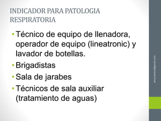INDICADOR PARA PATOLOGIA
RESPIRATORIA
•Técnico de equipo de llenadora,
operador de equipo (lineatronic) y
lavador de botellas.
•Brigadistas
•Sala de jarabes
•Técnicos de sala auxiliar
(tratamiento de aguas)
ainso.bolivia@gmail.com
 