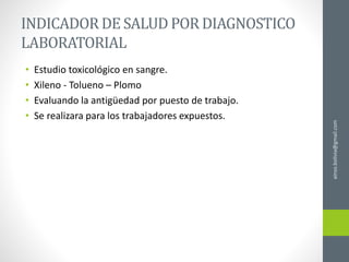 ainso.bolivia@gmail.com
INDICADOR DE SALUD POR DIAGNOSTICO
LABORATORIAL
• Estudio toxicológico en sangre.
• Xileno - Tolueno – Plomo
• Evaluando la antigüedad por puesto de trabajo.
• Se realizara para los trabajadores expuestos.
 