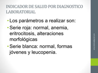 INDICADOR DE SALUD POR DIAGNOSTICO
LABORATORIAL
•Los parámetros a realizar son:
•Serie roja: normal, anemia,
eritrocitosis, alteraciones
morfológicas
•Serie blanca: normal, formas
jóvenes y leucopenia.
ainso.bolivia@gmail.com
 