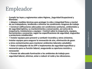 Empleador
• Cumplir las leyes y reglamentos sobre Higiene, ,Seguridad Ocupacional y
Bienestar.
• • Adoptar medidas técnicas para proteger la vida e integridad física y mental
de sus trabajadores, tendiendo a eliminar las condiciones riesgosas de trabajo
• • Construir edificaciones adecuadas con condiciones sanitarias, ambientales y
de seguridad óptima, su mantenimiento y conservación, así como de la
maquinaria, instalaciones y equipos • Control sobre la maquinaria, equipos,
herramientas y accesorios, según las especificaciones de seguridad, resguardos
y protectores establecidos
• • Instalar equipos para prevenir y combatir incendios y otros siniestros.
• Instalar equipos para asegurar la renovación de aire, eliminación de gases
• y otros contaminantes para mantener ambientes laborales saludables
• • Dotar al trabajador de los EPP e implementos de seguridad específicos y
• necesarios para su función laboral, asegurando su oportuna revisión y
• renovación
• • Proveer de adecuada iluminación a los ambientes de trabajo para
• seguridad laboral, eliminar, aislar o reducir el ruido y las vibraciones.
ainso.bolivia@gmail.com
 