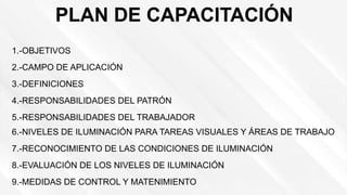PLAN DE CAPACITACIÓN
1.-OBJETIVOS
2.-CAMPO DE APLICACIÓN
7.-RECONOCIMIENTO DE LAS CONDICIONES DE ILUMINACIÓN
6.-NIVELES DE ILUMINACIÓN PARA TAREAS VISUALES Y ÁREAS DE TRABAJO
5.-RESPONSABILIDADES DEL TRABAJADOR
4.-RESPONSABILIDADES DEL PATRÓN
3.-DEFINICIONES
8.-EVALUACIÓN DE LOS NIVELES DE ILUMINACIÓN
9.-MEDIDAS DE CONTROL Y MATENIMIENTO
 