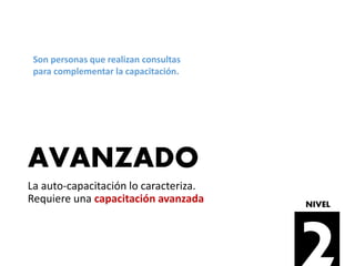 AVANZADO
La auto-capacitación lo caracteriza.
Requiere una capacitación avanzada
Son personas que realizan consultas
para complementar la capacitación.
NIVEL
 