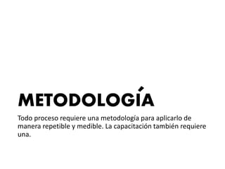 METODOLOGIA
Todo proceso requiere una metodología para aplicarlo de
manera repetible y medible. La capacitación también requiere
una.
´
 