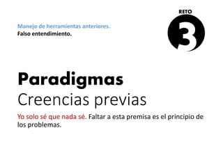 Paradigmas
Creencias previas
Yo solo sé que nada sé. Faltar a esta premisa es el principio de
los problemas.
3
RETO
Manejo de herramientas anteriores.
Falso entendimiento.
 