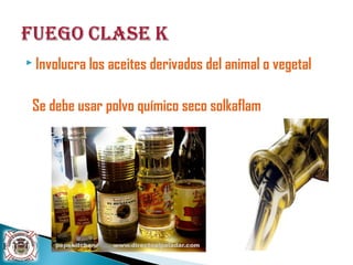  Involucra los aceites derivados del animal o vegetal
Se debe usar polvo químico seco solkaflam
 