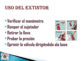 Verificar el manómetro
Romper el sujetador
Retirar la llave
Probar la presión
Oprimir la válvula dirigiéndola ala base
 