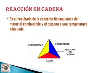  Es el resultado de la reacción fisicoquímica del
material combustible y el oxigeno a una temperatura
adecuada.
 