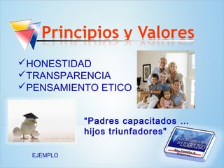 HONESTIDAD
TRANSPARENCIA
PENSAMIENTO ETICO


            “Padres capacitados …
            hijos triunfadores" anónimo

  EJEMPLO
 