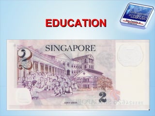 EDUCATION



En Singapur en los billetes muestran la imagen de un
grupo de estudiantes con libros sobre la mesa y en el
fondo la imagen de una universidad, las palabras
impresas son “Educación”


                             44
 