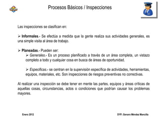 SYP; Genaro Méndez MancillaEnero 2012
Las inspecciones se clasifican en:
 Informales.- Se efectúa a medida que la gente realiza sus actividades generales, es
una simple visita al área de trabajo.
 Planeadas.- Pueden ser:
 Generales.- Es un proceso planificado a través de un área completa, un vistazo
completo a todo y cualquier cosa en busca de áreas de oportunidad.
 Especificas.- se centran en la supervisión específica de actividades, herramientas,
equipos, materiales, etc. Son inspecciones de riesgos preventivas no correctivas.
Al realizar una inspección se debe tener en mente las partes, equipos y áreas críticas de
aquellas cosas, circunstancias, actos o condiciones que podrían causar los problemas
mayores.
Procesos Básicos / Inspecciones
 